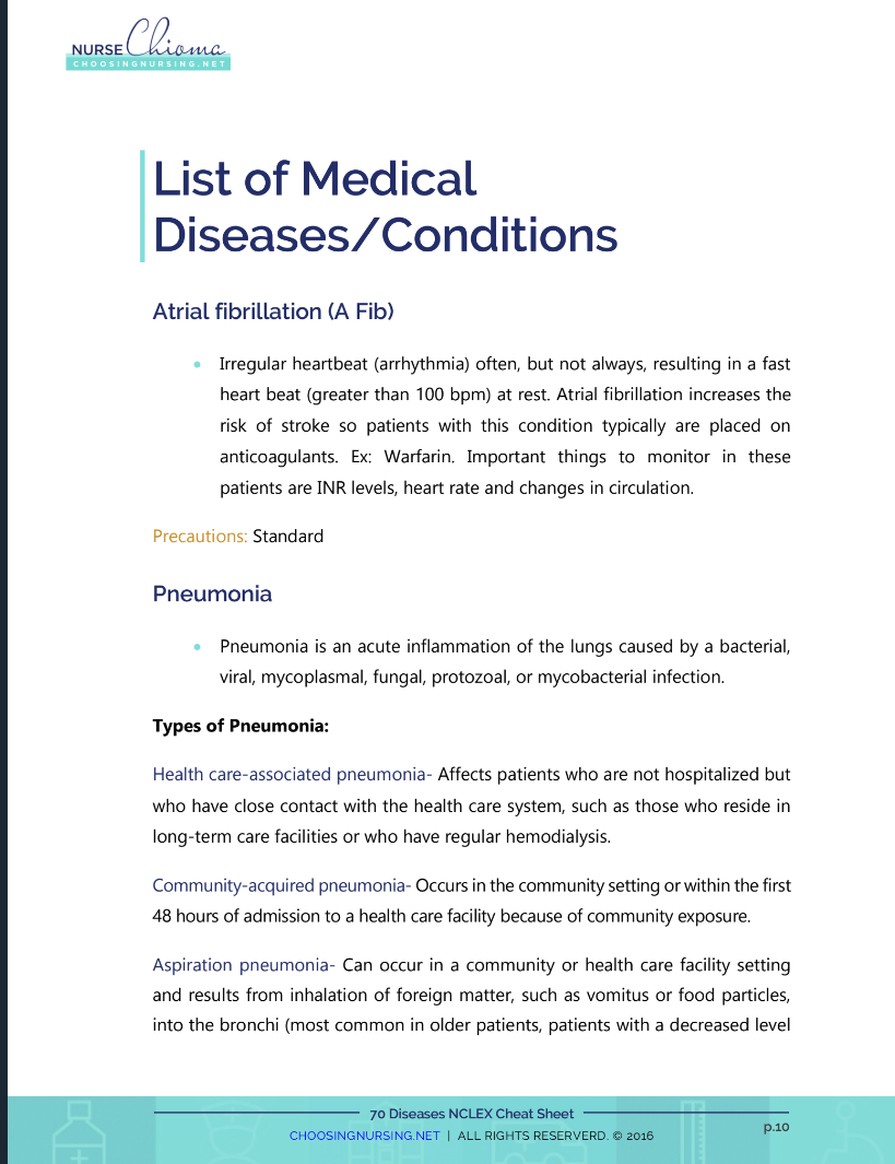 The 70 Diseases and Conditions NCLEX Cheat Sheet -Digital Email Download (NO Questions)