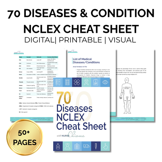 The 70 Diseases and Conditions NCLEX Cheat Sheet -Digital Email Download (NO Questions)
