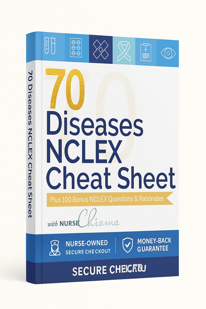 70 Diseases & Conditions NCLEX Cheat Sheet Book (100 Practice Questions) Color Edition