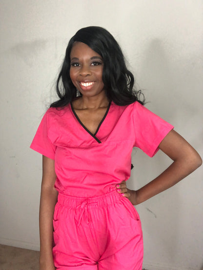 Medical Women Nursing Scrubs Uniforms Sets (Top and Bottom) - Code Pink